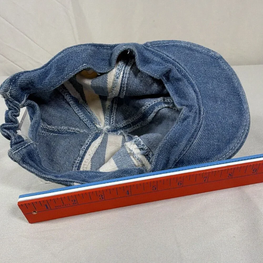 Childrens Blue Denim White Stripe Elastic Back Baseball Hat - Vintage